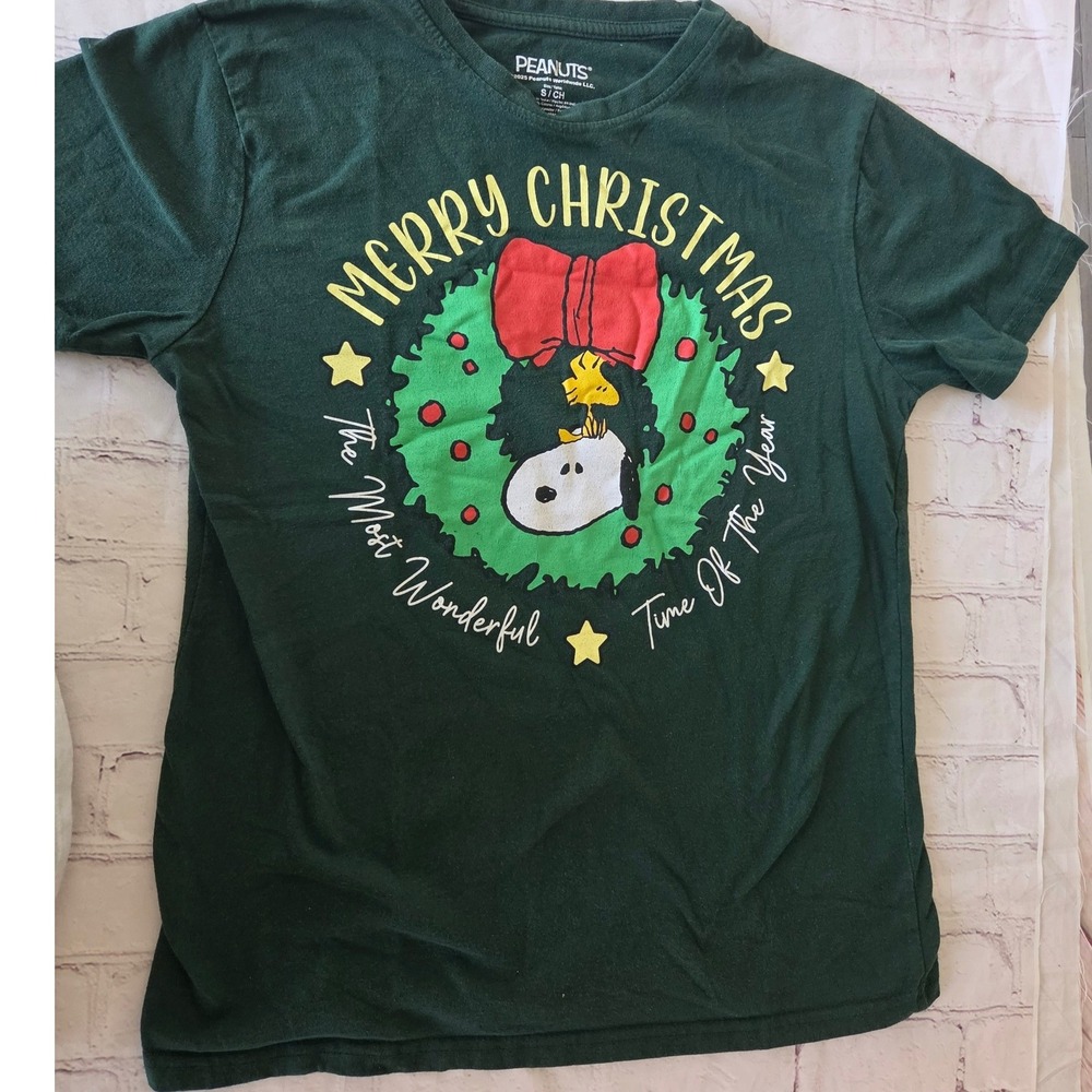 Peanuts Snoopy Woodstock Merry Christmas Wreath Graphic T-Shirt Green Small